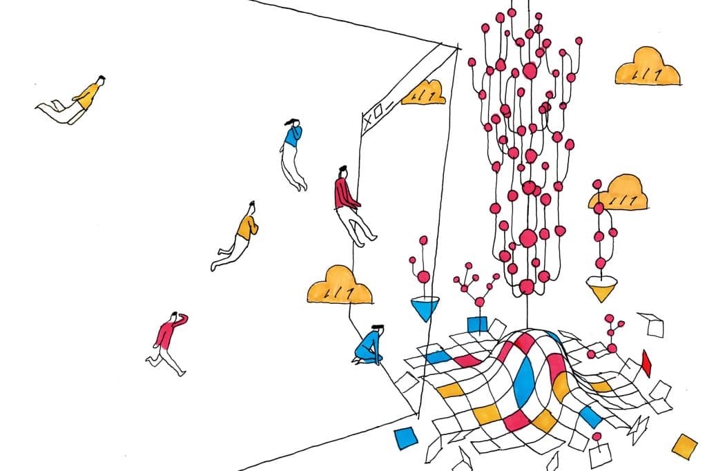 Abstract art showing people floating in a cyber forest