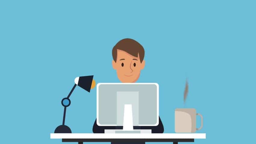 A clipart image of a person drinking coffee in front of a computer